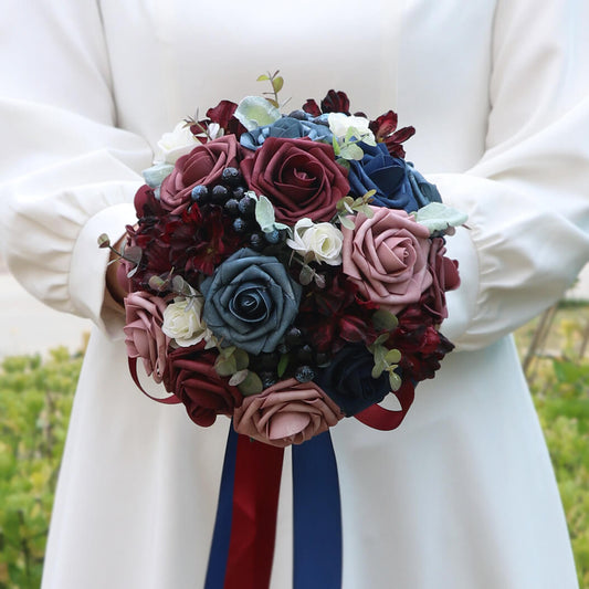Artificial Wedding Bridal Bouquet for Bride Burgundy And Navy Blue Bridal Bouquet