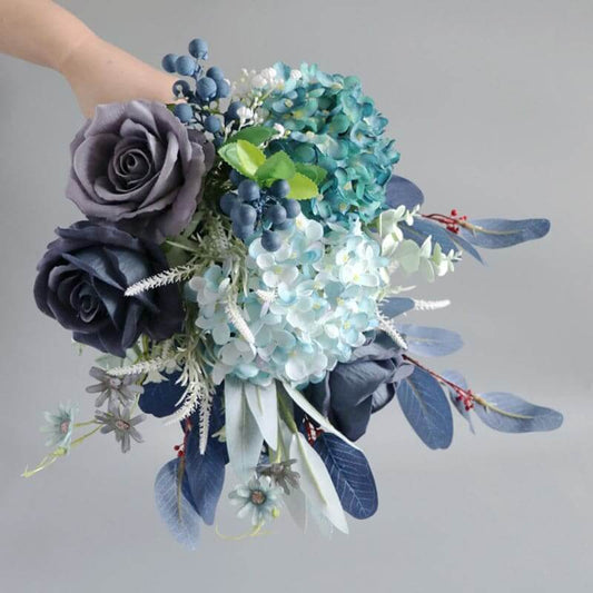 European Faux Wedding Bouquet Bride Holding Flower Lake Blue Hydrangea Rose Flower Bundle