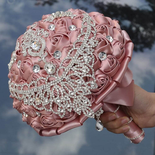 21 cm Wedding Bridal Bouquet With Rhinestone Ribbon Rose DIY Wedding Simulation Bouquet