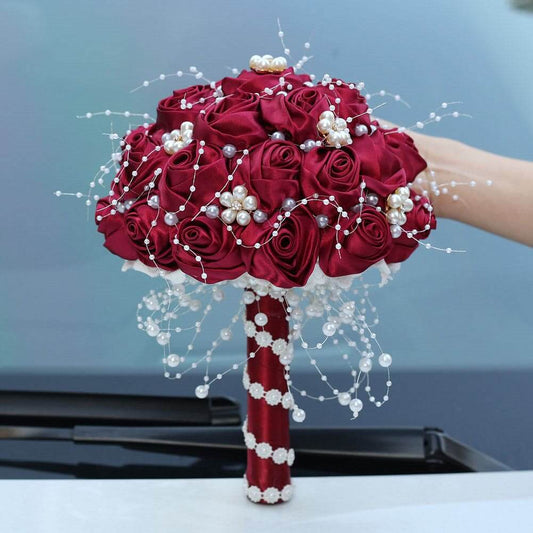 Bridal Ribbon Bouquet Embellished With Roses Wedding Hand Throw Flower Decoration Simulation Flower Bouquet