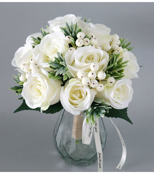 White Rose And Berries Bridal Hand Holding Bouquet For Wedding Decoration