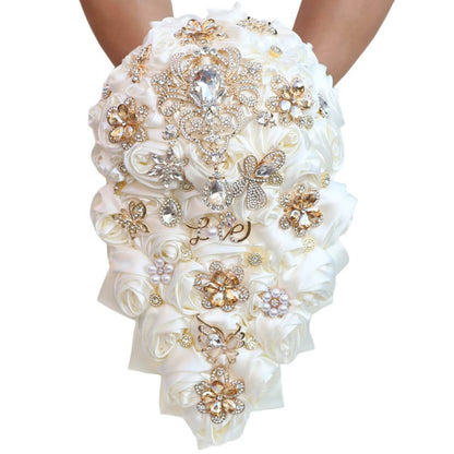 Bridal Ribbon Bouquet Embellished With Roses Wedding Hand Throw Flower Decoration Simulation Flower Bouquet