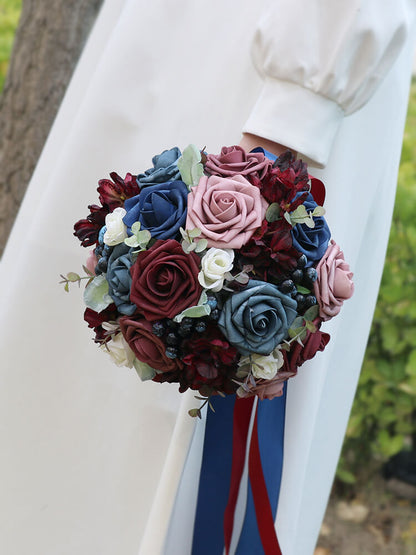 Artificial Wedding Bridal Bouquet for Bride Burgundy And Navy Blue Bridal Bouquet