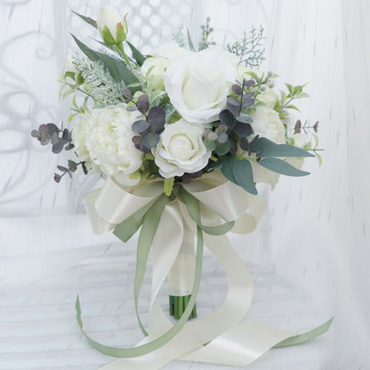 Wedding Bouquets for Bride and Bridesmaid, White Champagne Artificial Roses Flowers Wedding Decoration