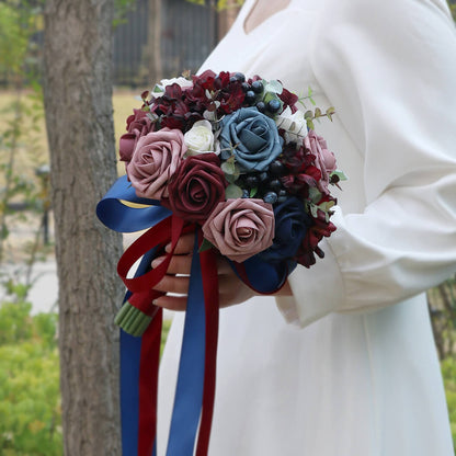 Artificial Wedding Bridal Bouquet for Bride Burgundy And Navy Blue Bridal Bouquet