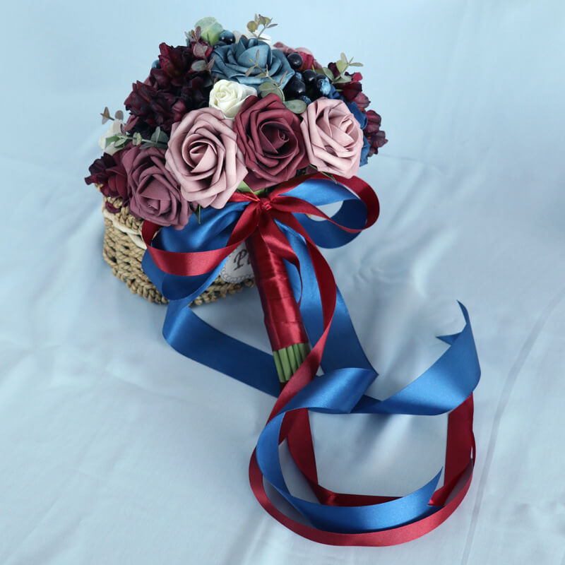 Artificial Wedding Bridal Bouquet for Bride Burgundy And Navy Blue Bridal Bouquet