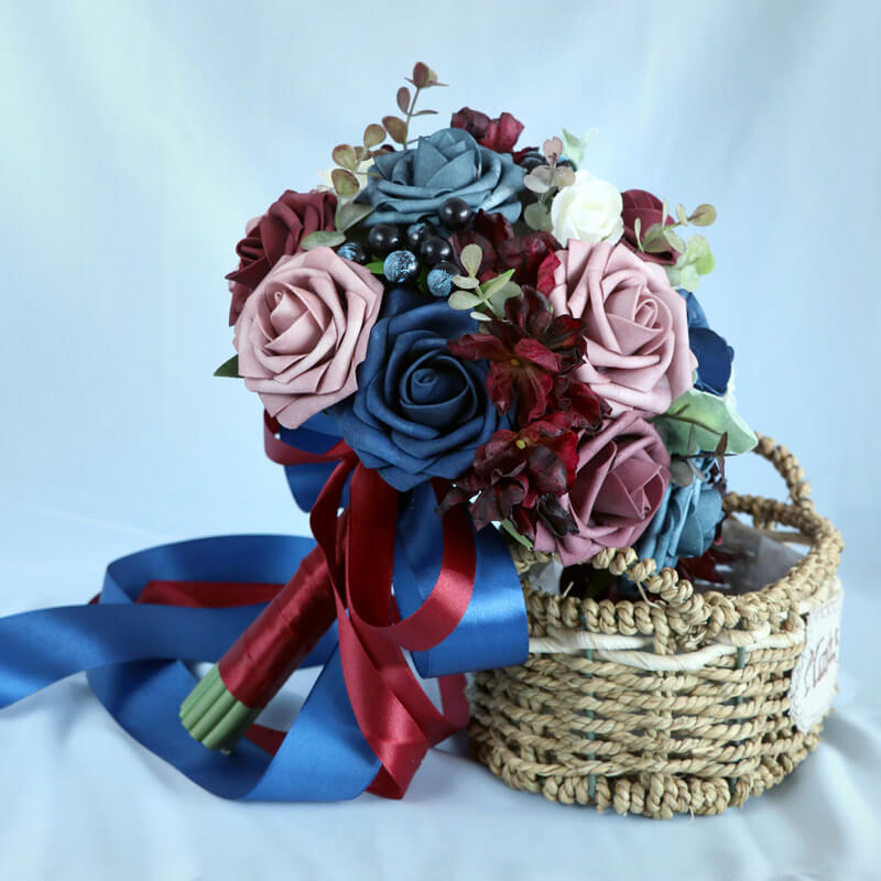 Artificial Wedding Bridal Bouquet for Bride Burgundy And Navy Blue Bridal Bouquet