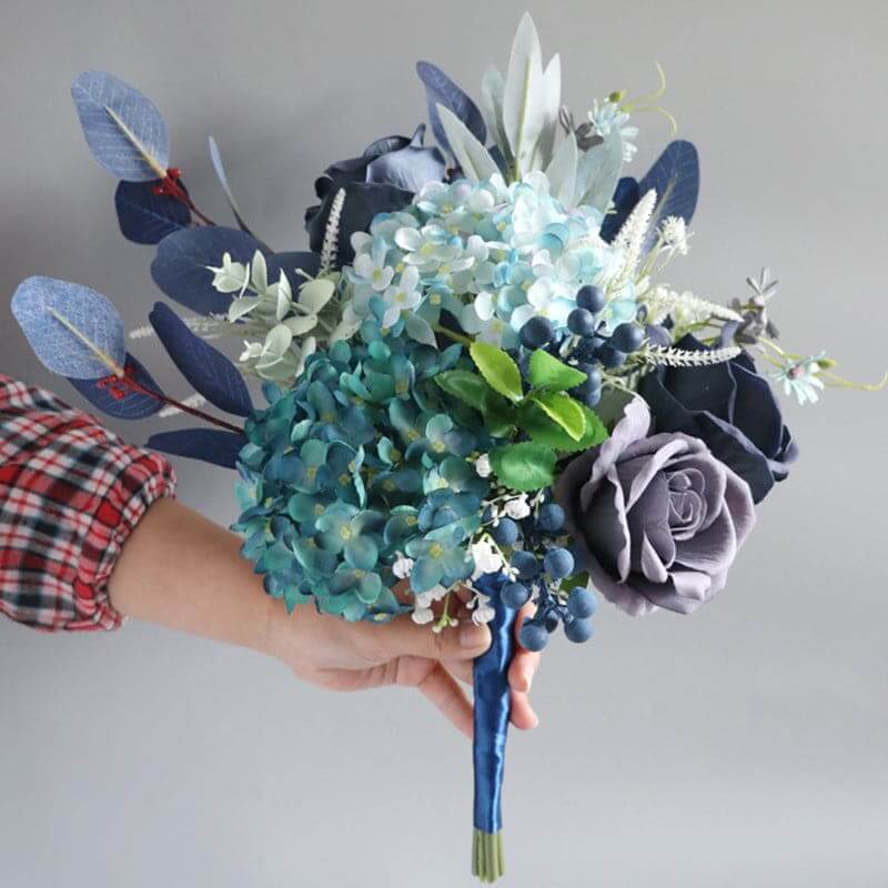 European Faux Wedding Bouquet Bride Holding Flower Lake Blue Hydrangea Rose Flower Bundle