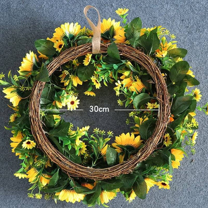 Garland Artificial Sunflower Wreaths Rattan Silk Sunflower Garlands For Front Door Home Decoration