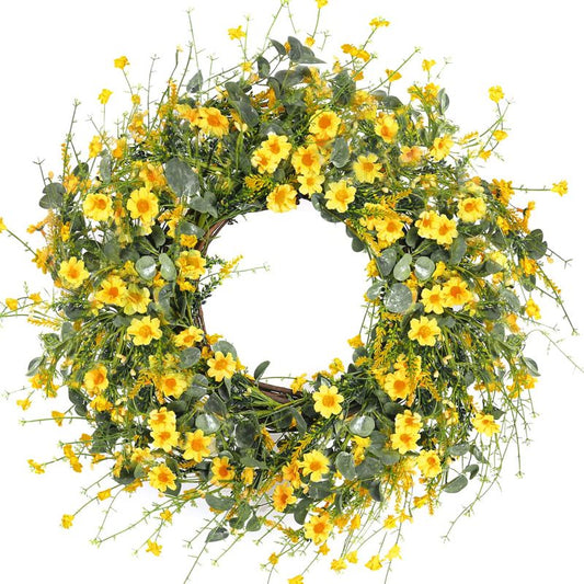 Daisy Spring Summer Wreath with Green Leaves, Wildflower Artificial Wreath for Front Door