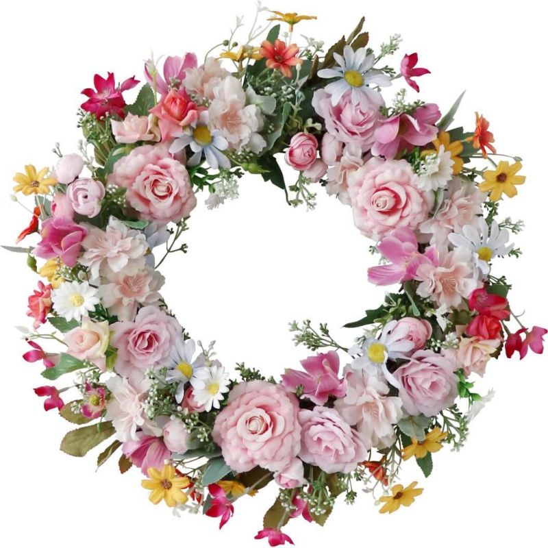 Artificial Pink Rose Wreath Front Door Wreath for Wall Wedding Party Home Decor (Pink)