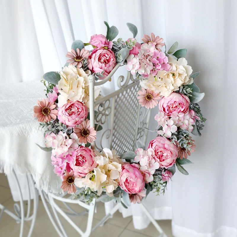 Spring Wreaths for Front Door Artificial Rose Peony Flower Wreath Door Wreath with Silk Flowers