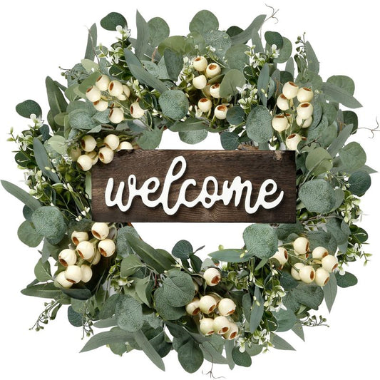 Green Artificial Eucalyptus Wreath with Welcome Sign Spring Summer Wreath with White Berries for Front Door