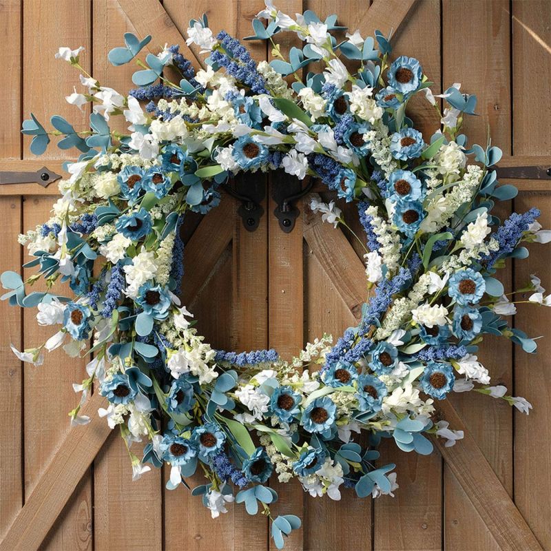 Spring Wreath Blue with Green Leaves Daisy Artificial Grains White Flower for Front Door