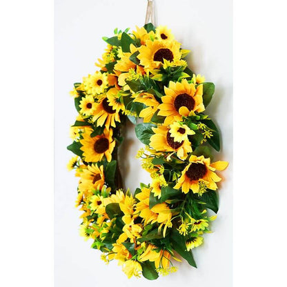 Artificial Sunflower Wreath Summer Fall Wreaths Spring Time All Year Around Flower Green Leaves Wreath