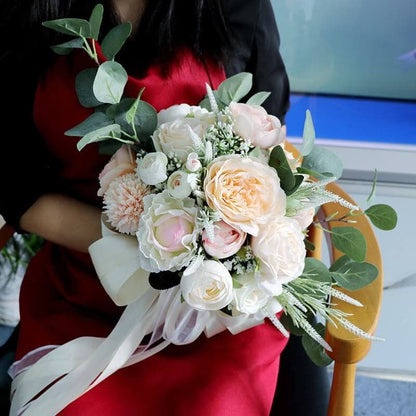 The Bride Holds A Bouquet Of Eucalyptus Leaves Roses Peony Wedding Bouquet Silk Bride Holding Bouquet