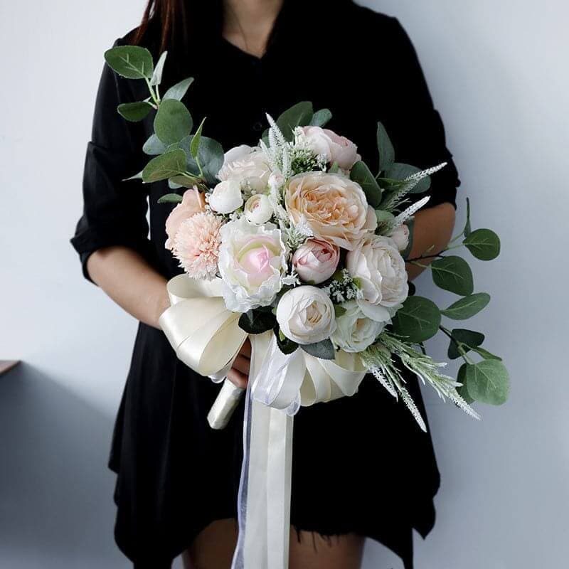 The Bride Holds A Bouquet Of Eucalyptus Leaves Roses Peony Wedding Bouquet Silk Bride Holding Bouquet