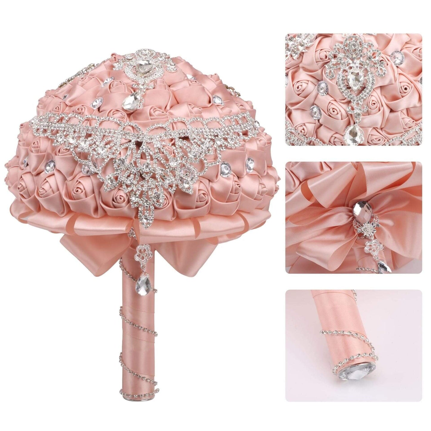 21 cm Wedding Bridal Bouquet With Rhinestone Ribbon Rose DIY Wedding Simulation Bouquet