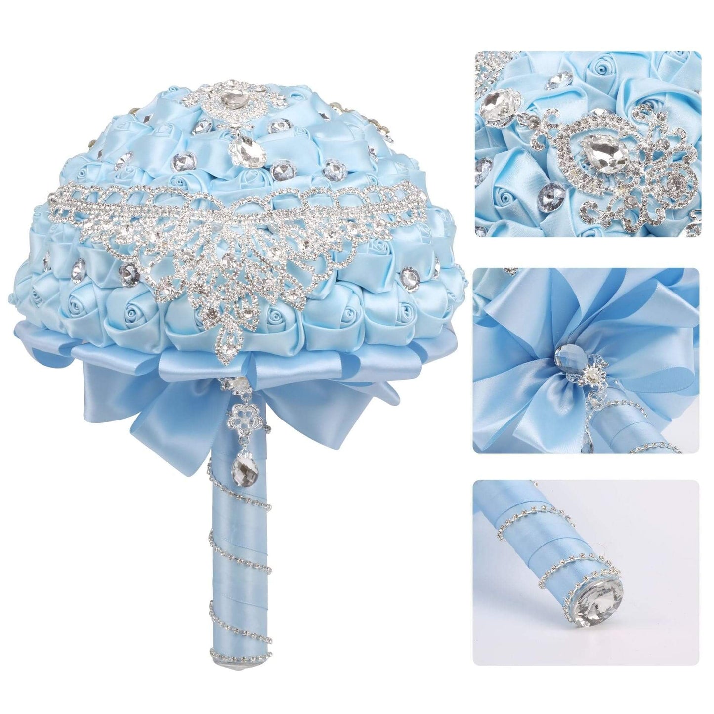 21 cm Wedding Bridal Bouquet With Rhinestone Ribbon Rose DIY Wedding Simulation Bouquet