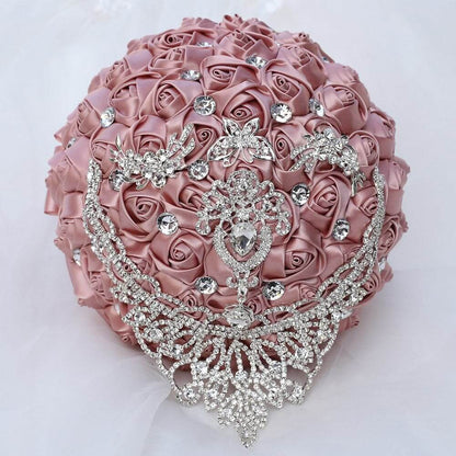 21 cm Wedding Bridal Bouquet With Rhinestone Ribbon Rose DIY Wedding Simulation Bouquet