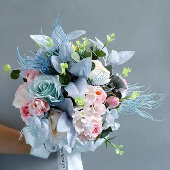 Rose Bridal Bouquet Pink Blue Rose Silk Ribbon Artificial Flower Wedding Bouquet Eucalyptus Bride Bridesmaid Holding Flower