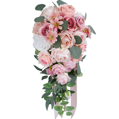 Wedding Bouquets for Bride Pink Artificial Roses Flower Cascading Bridal Bouquet