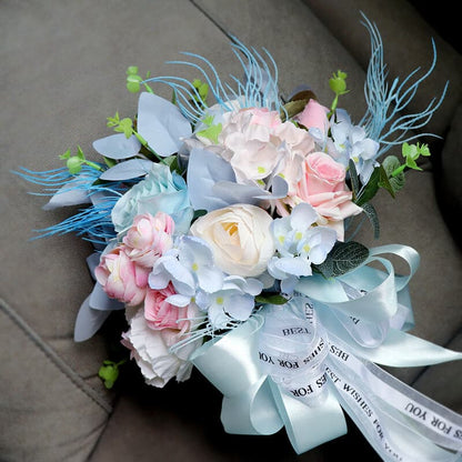 Rose Bridal Bouquet Pink Blue Rose Silk Ribbon Artificial Flower Wedding Bouquet Eucalyptus Bride Bridesmaid Holding Flower