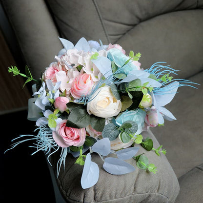 Rose Bridal Bouquet Pink Blue Rose Silk Ribbon Artificial Flower Wedding Bouquet Eucalyptus Bride Bridesmaid Holding Flower