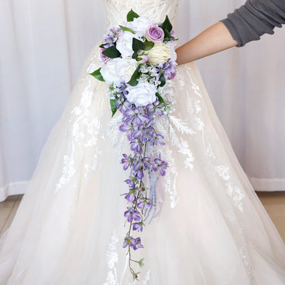 Artificial White and purple Rose Bride Wedding Bouquet