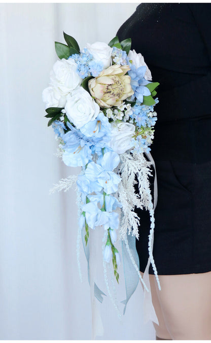 Blue Bridal Bouquet for Wedding, Artificial Flowers Bouquets