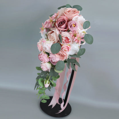 Wedding Bouquets for Bride Pink Artificial Roses Flower Cascading Bridal Bouquet