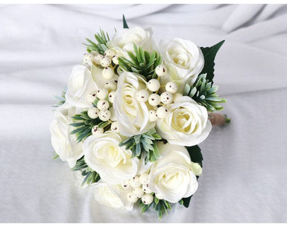 White Rose And Berries Bridal Hand Holding Bouquet For Wedding Decoration