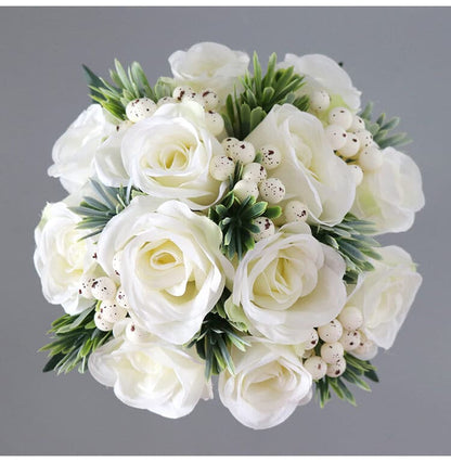 White Rose And Berries Bridal Hand Holding Bouquet For Wedding Decoration