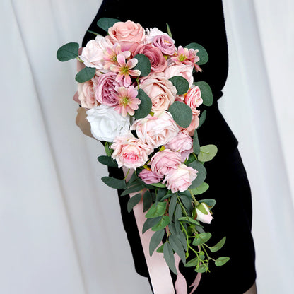 Wedding Bouquets for Bride Pink Artificial Roses Flower Cascading Bridal Bouquet