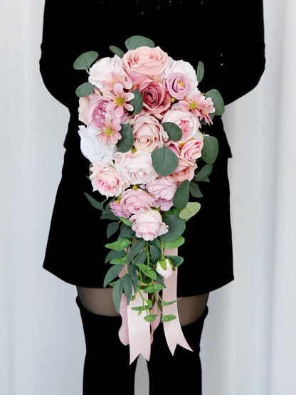 Wedding Bouquets for Bride Pink Artificial Roses Flower Cascading Bridal Bouquet