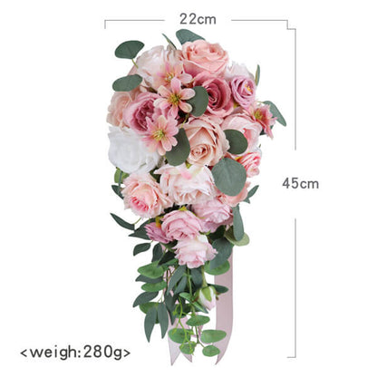 Wedding Bouquets for Bride Pink Artificial Roses Flower Cascading Bridal Bouquet