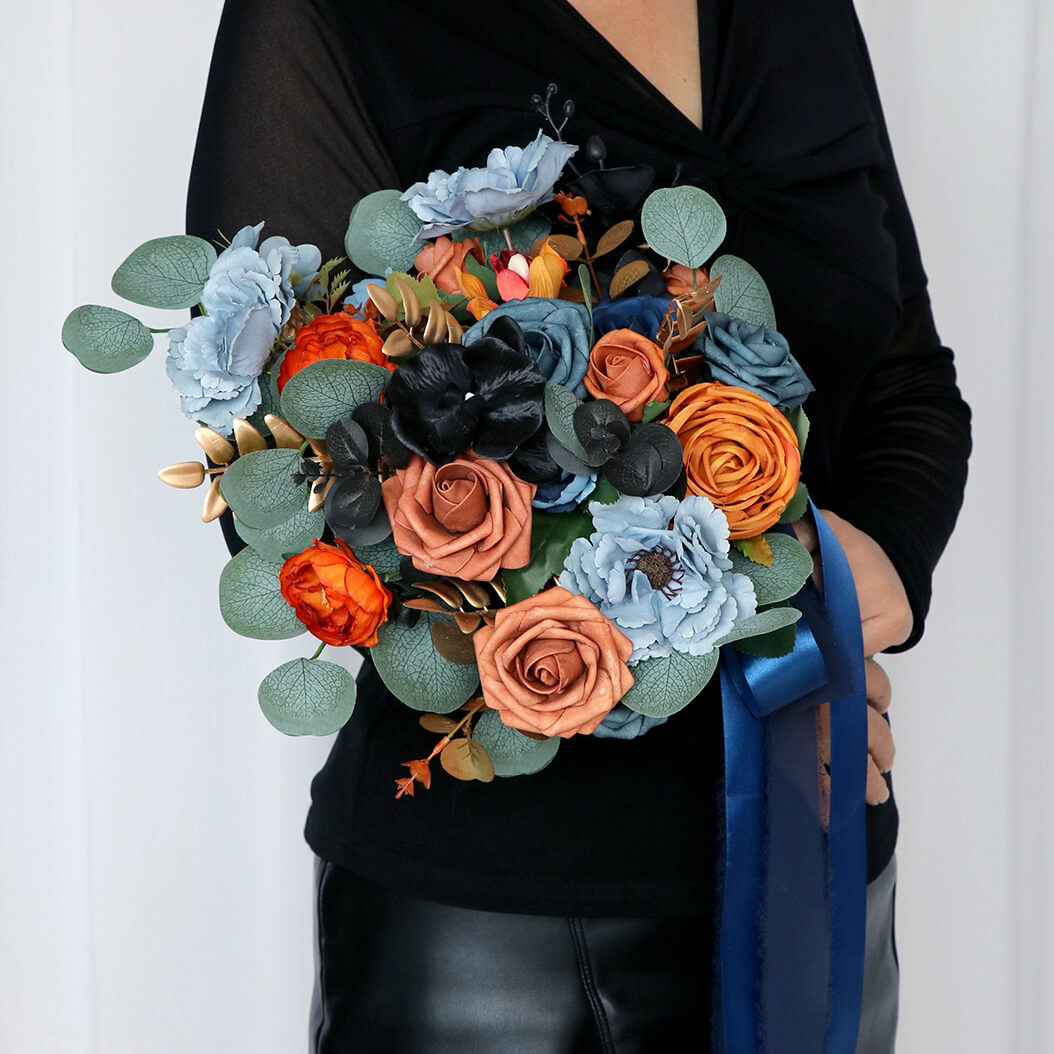 Wedding Bouquets for Bride Blue Burnt Orange Terracotta Bridesmaid Bouquet