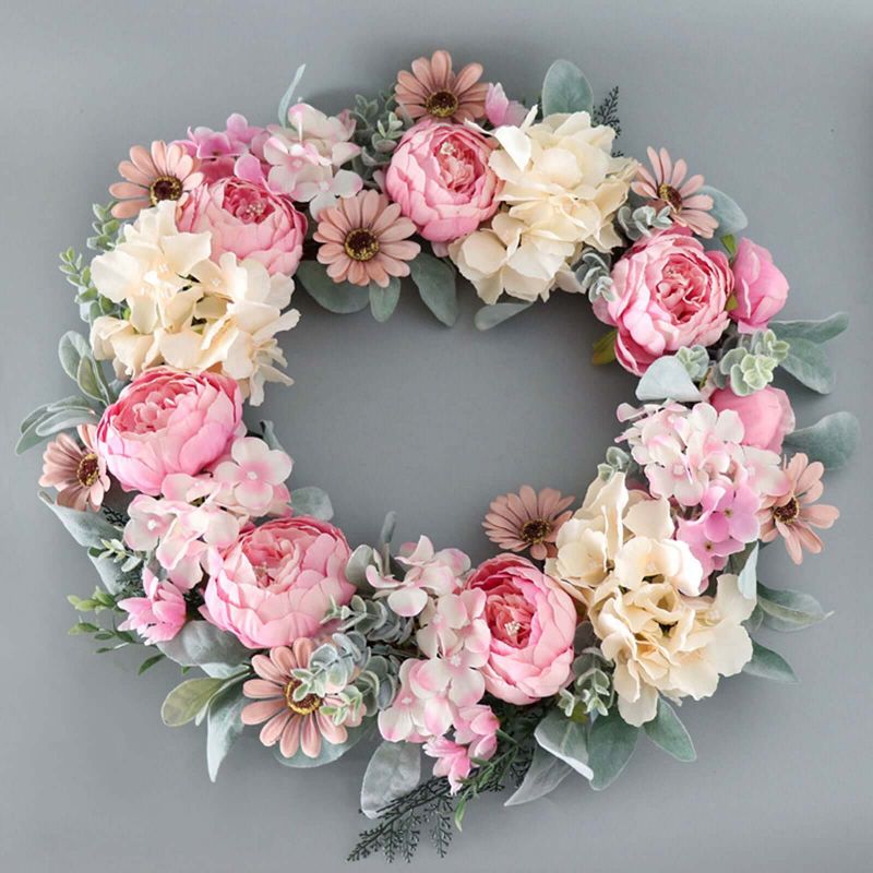 Spring Wreaths for Front Door Artificial Rose Peony Flower Wreath Door Wreath with Silk Flowers