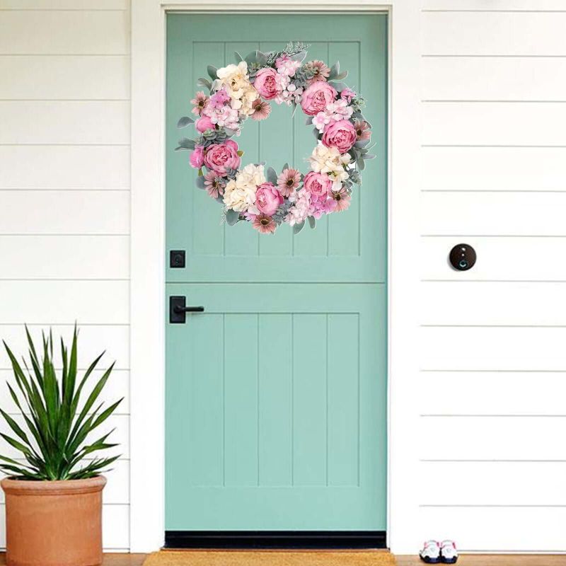 Spring Wreaths for Front Door Artificial Rose Peony Flower Wreath Door Wreath with Silk Flowers