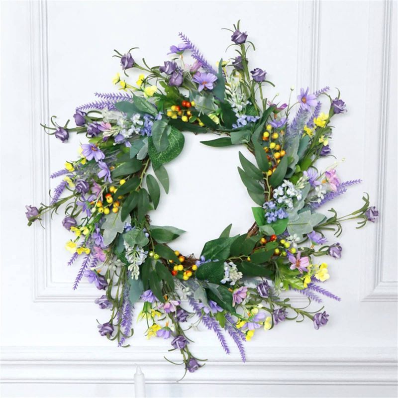 Artificial Flower Wreath Spring Floral Wreath Fake Flower Wreath for Front Door Home Decor