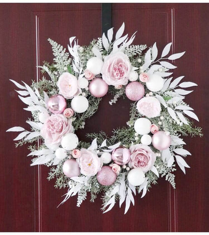 Artificial Pink Christmas Ball Wreath Wedding Scene Decoration Holiday Window Hanging Wreath