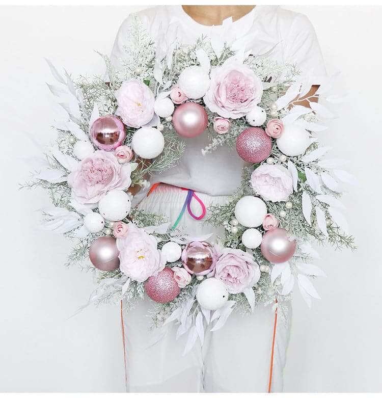 Artificial Pink Christmas Ball Wreath Wedding Scene Decoration Holiday Window Hanging Wreath