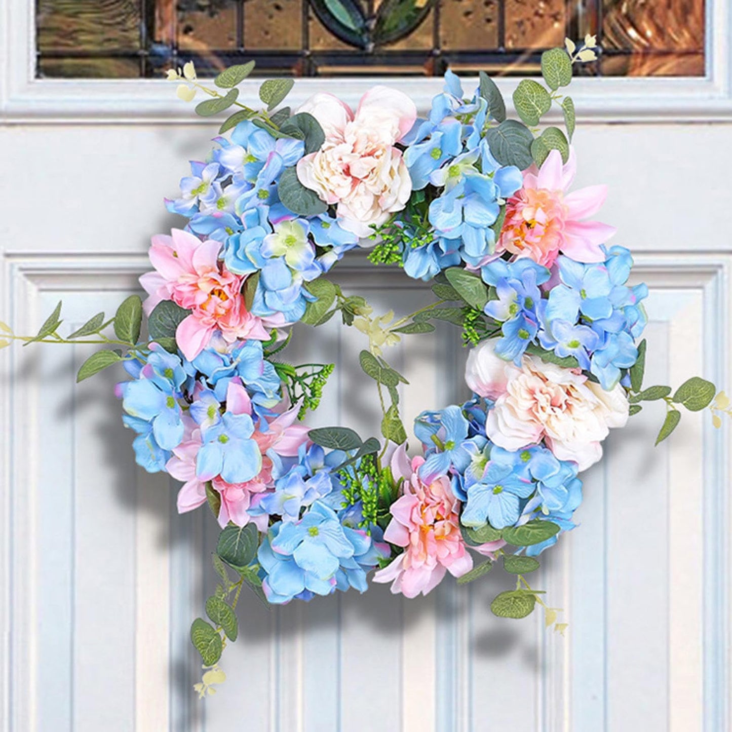 Artificial Blue Hydrangea Wreaths for Front Door Spring Summer Door Wreath