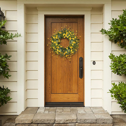 Daisy Spring Summer Wreath with Green Leaves, Wildflower Artificial Wreath for Front Door