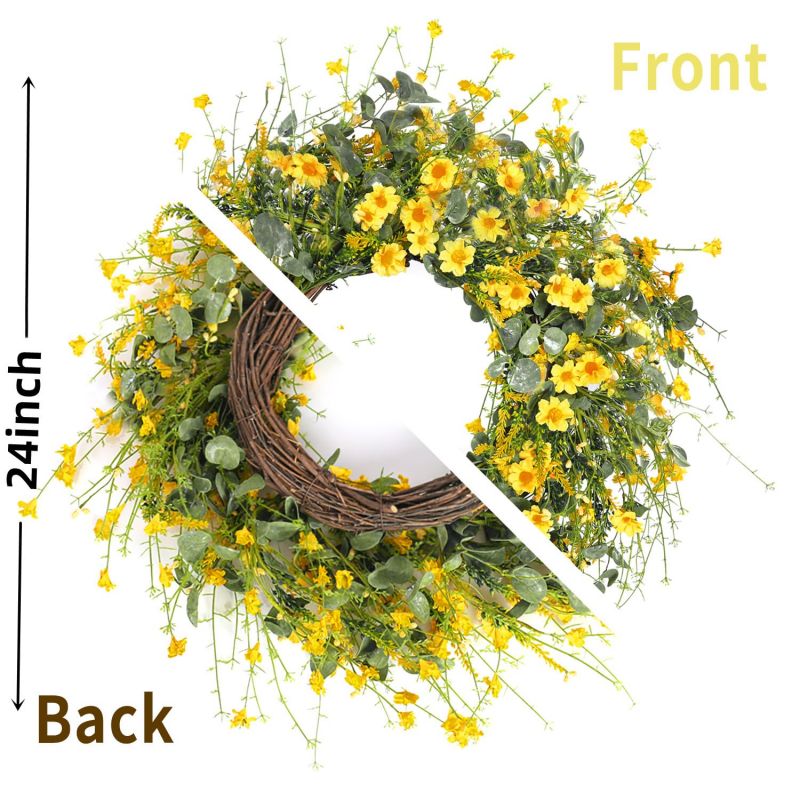 Daisy Spring Summer Wreath with Green Leaves, Wildflower Artificial Wreath for Front Door