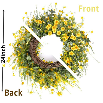 Daisy Spring Summer Wreath with Green Leaves, Wildflower Artificial Wreath for Front Door