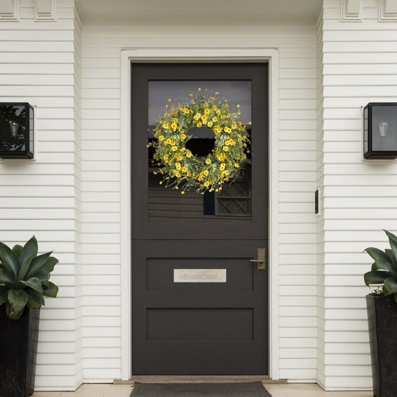 Daisy Spring Summer Wreath with Green Leaves, Wildflower Artificial Wreath for Front Door