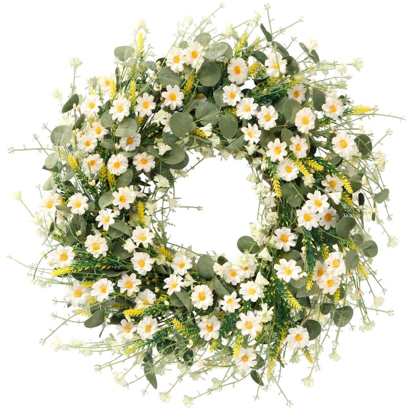 Daisy Spring Summer Wreath with Green Leaves, Wildflower Artificial Wreath for Front Door