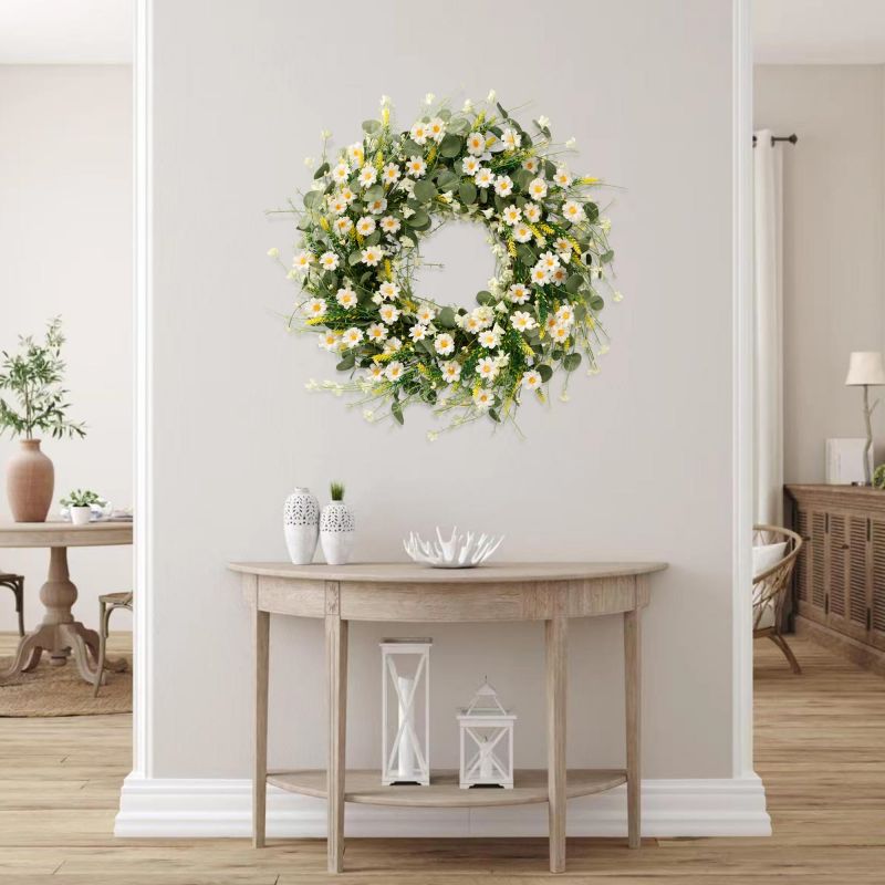 Daisy Spring Summer Wreath with Green Leaves, Wildflower Artificial Wreath for Front Door