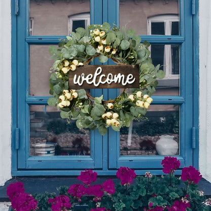 Green Artificial Eucalyptus Wreath with Welcome Sign Spring Summer Wreath with White Berries for Front Door